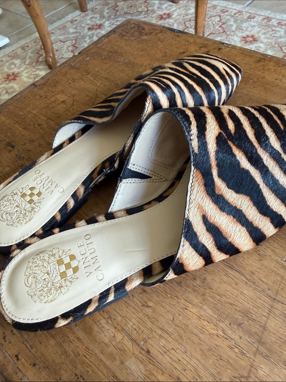 Vince Camuto Tiger-Print Slip-On Mules in Black & Tan